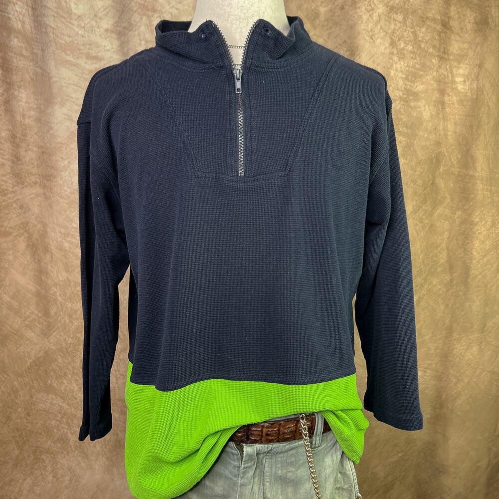 Vintage Y2K Color Block Shirt Waffle Knit Navy Green Quarter Zip Long Sleeve